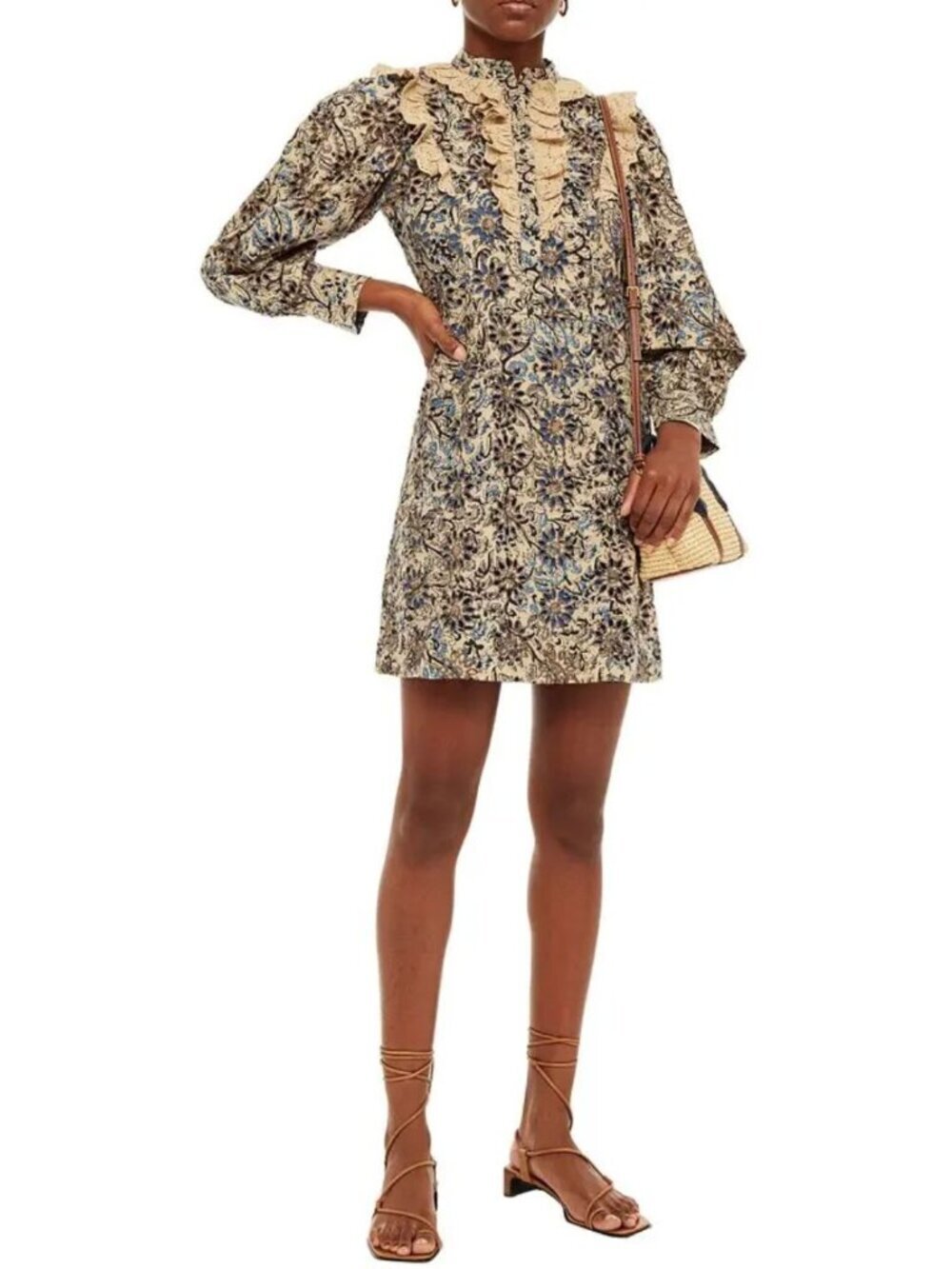 NWT Antik Batik Mary Ruffled Printed Broderie Anglaise Cotton Mini Dress-sz Medi